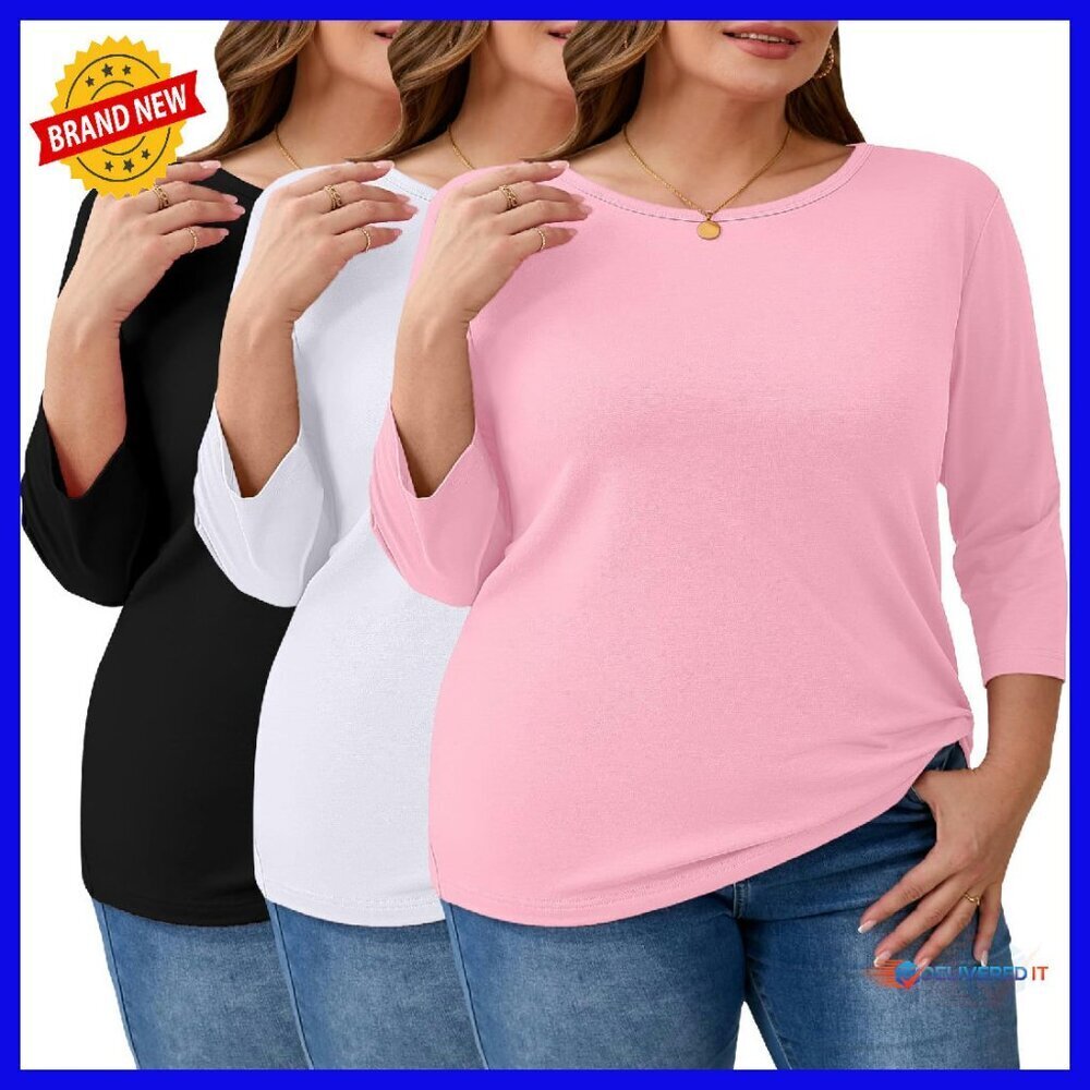 Plus Size 3/4 Sleeve T-Shirts 3 Pack Loose Fit Basic Tee XL-5XL